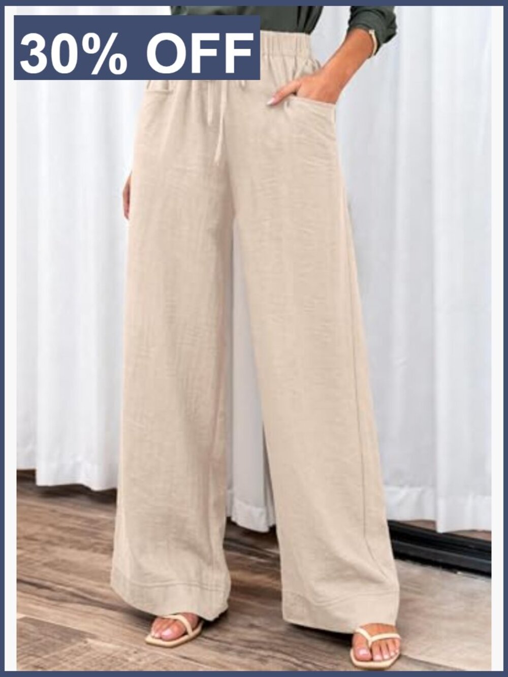 High Waist Wide Leg Flow Palazzo Pants Drawstring Pockets Lounge Beach - Picture 6 of 7